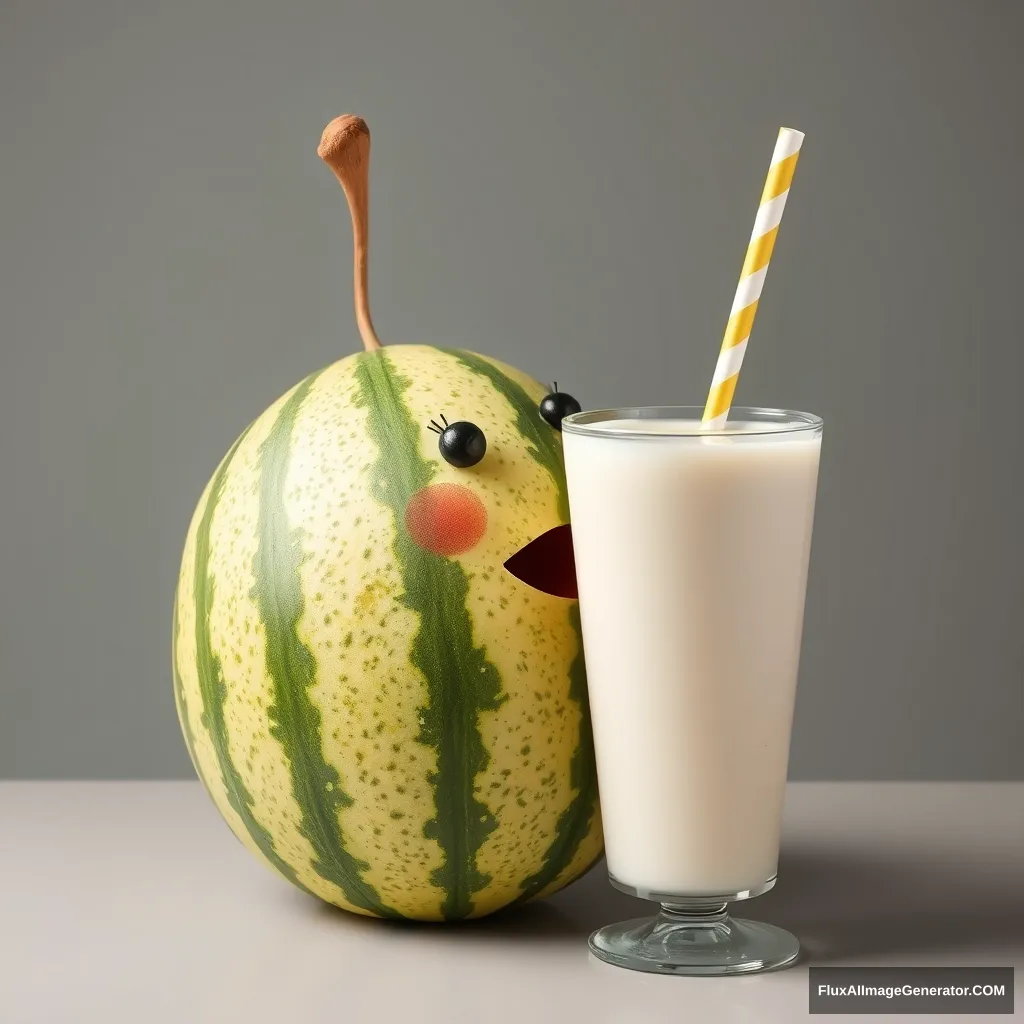 'a melon drinking a milkshake with a straw' - Image