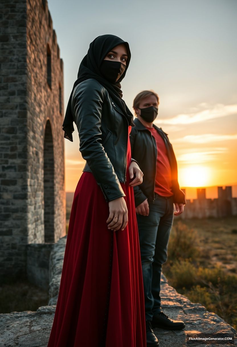 A biggest black hijab girl, beautiful eyes, face mask black, black leather jacket, biggest red longest dress, untall,

Jamie Dornan, handsome, face mask black, fit and tough body, red t-shirt, black leather jacket, jeans, tall man, standing at wall together

Hyper realistic, photorealistic, studio photography, Victoria's abandoned castle, sunrise.