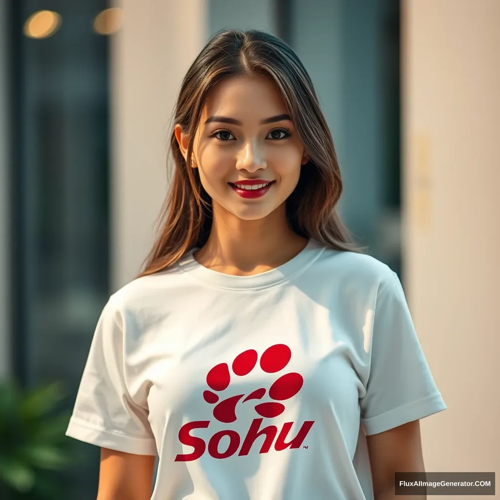 "Generate an image of a beautiful woman wearing a T-shirt with the Sohu logo." - Image