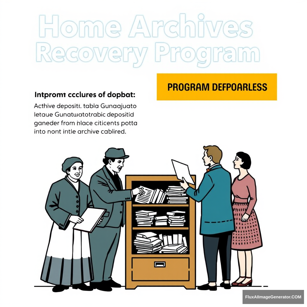 Make a promotional poster for a program called: Home Archives Recovery Program. The poster should depict historical figures from Guanajuato and other citizens depositing documents into an archive cabinet. - Image