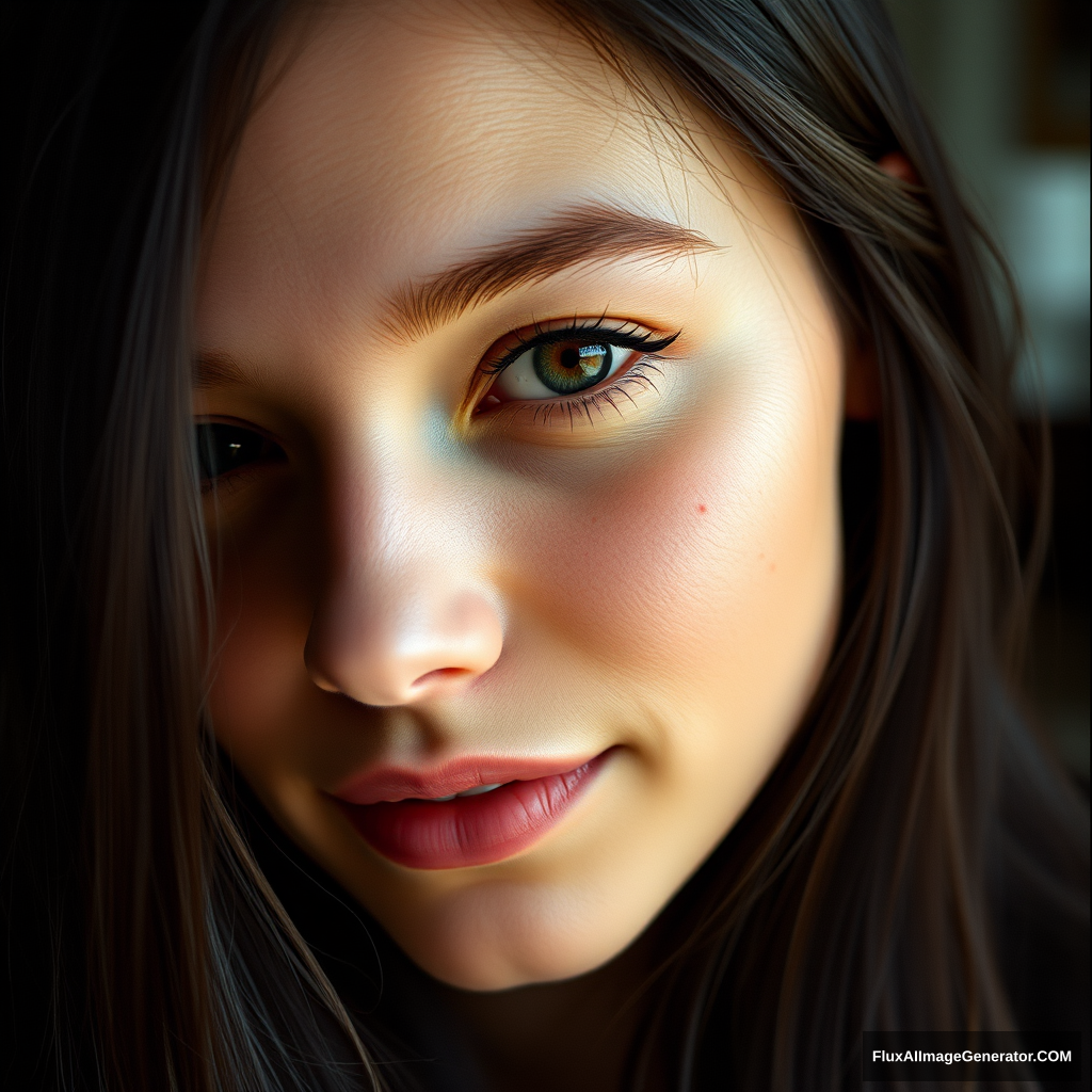 photoreal photorealism, a 23 year old gorgeous woman, slight smile, detailed skin face and eyes, natural lighting, at home, long hair, film grain, low contrast, natural face, freckles, black hair. - Image