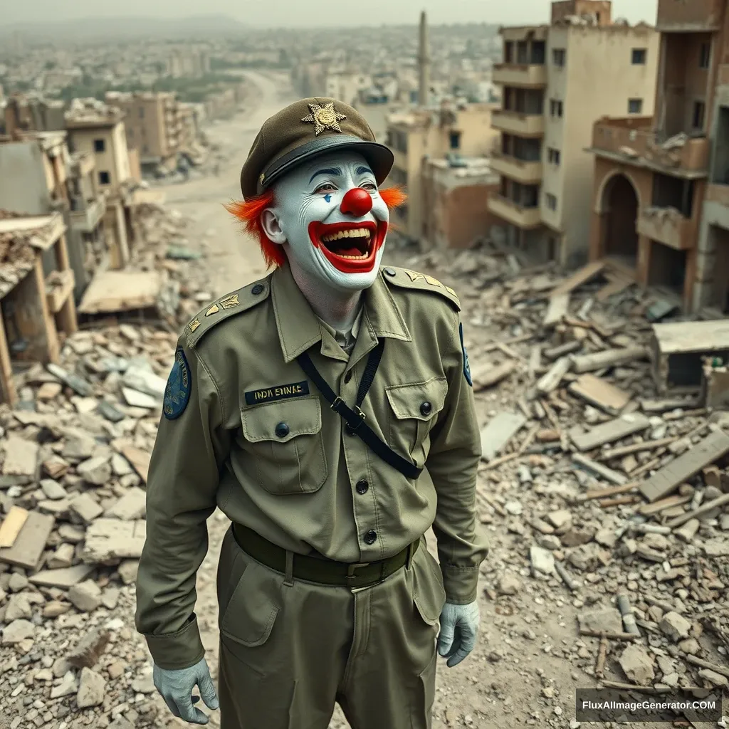 A crying clown in an IDF uniform standing in the middle of a destroyed city in ruins, laughing hysterically. View from slightly above and from some distance.