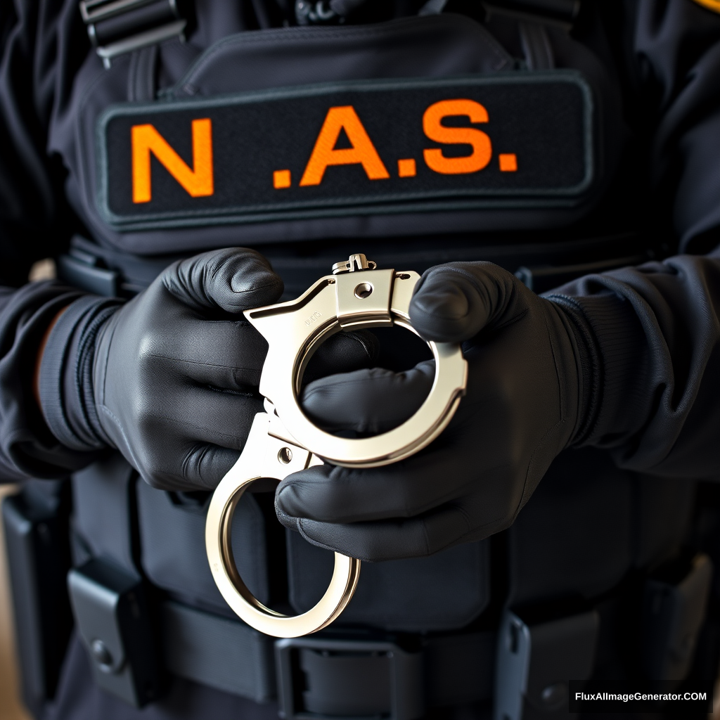 A soldier in black gear with a black and orange inscription N.A.S. on his vest is wearing steel handcuffs, a shot of his hands in gloves and handcuffs in front of him. - Image