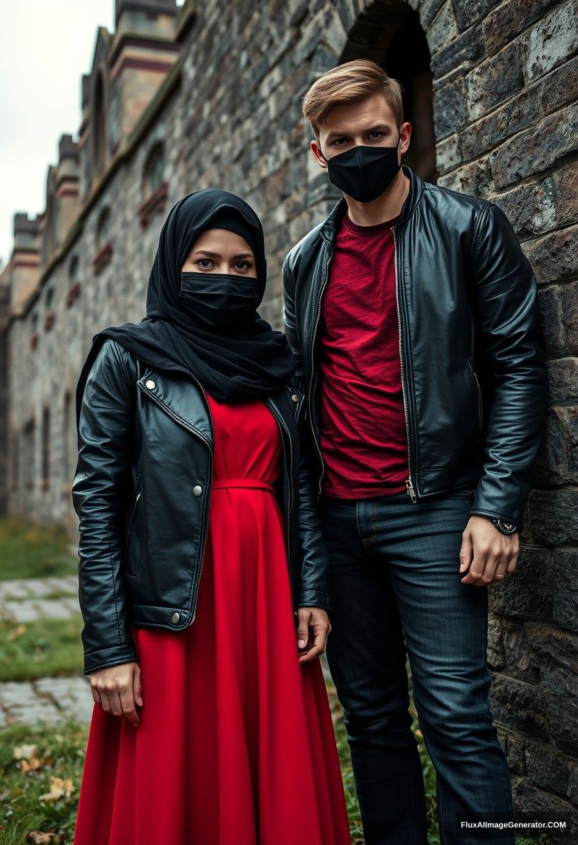 A biggest black hijab girl, beautiful eyes, face mask black, black leather jacket, biggest red longest dress, untall, 

Jamie Dornan, handsome, face mask black, fit and tough body, metal red t-shirt, black leather jacket, jeans, tall man, 

standing near wall together, 
Hyper realistic, photorealistic, street photography, Victoria's abandoned castle, gloomy. - Image