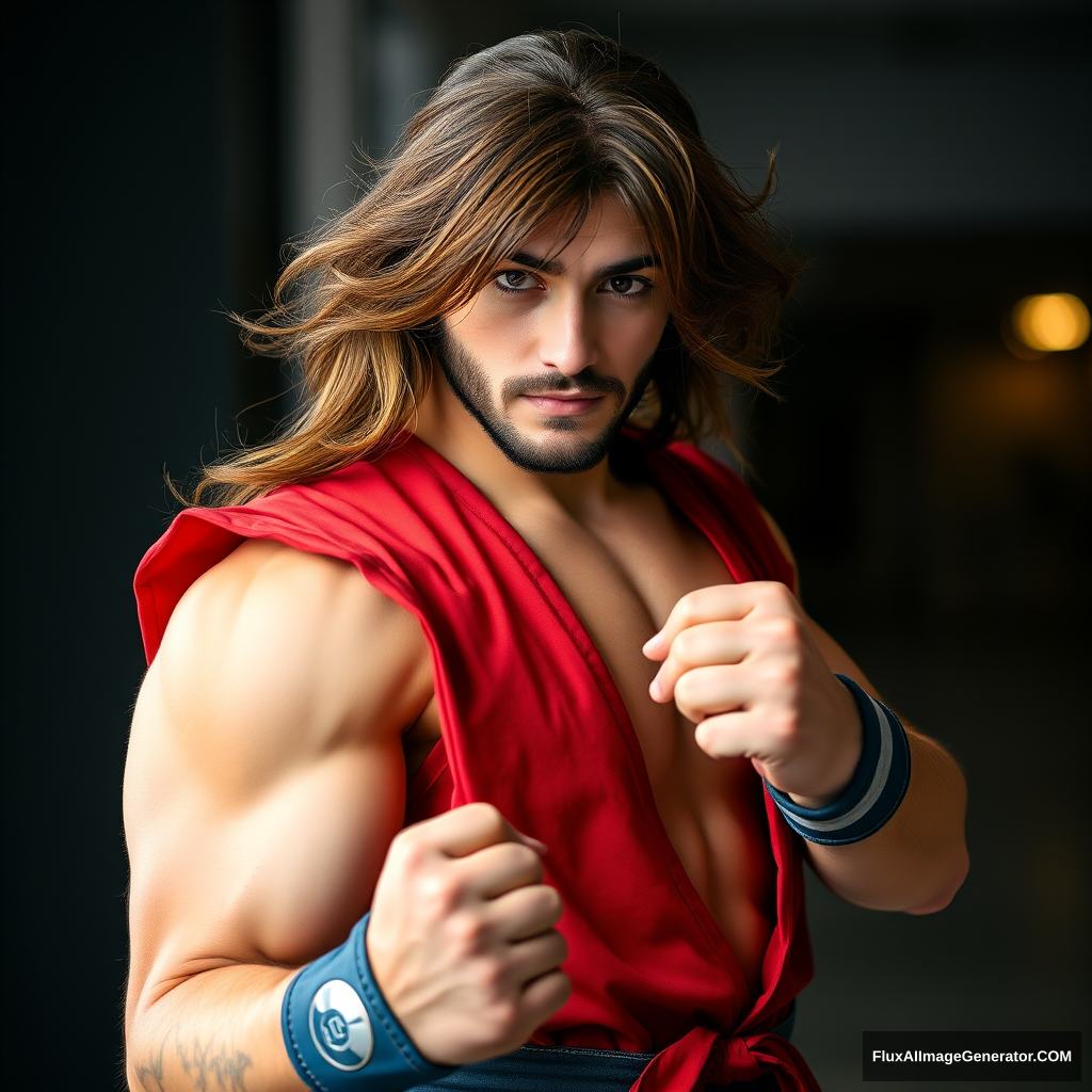 Full body picture of a long brown-haired and short-bearded guy cosplaying as Ken from Street Fighter. - Image