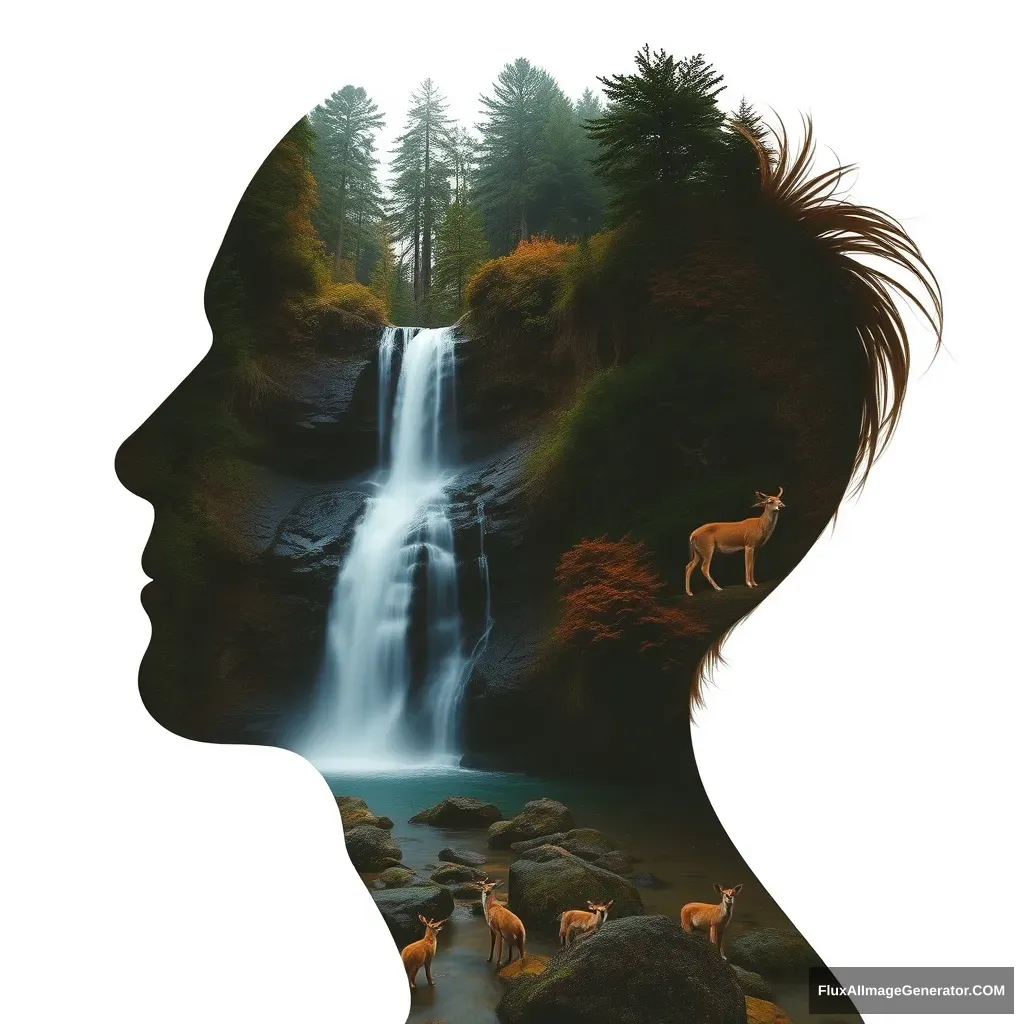 '[Abstract style waterfalls, wildlife] inside the silhouette of a [man]’s head that is a double exposure photograph. Non-representational, colors and shapes, expression of feelings, imaginative, highly detailed.' - Image