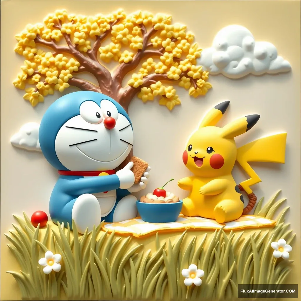 A heartwarming relief sculpture of Doraemon and Pikachu enjoying a picnic in a sunny meadow. Doraemon is sharing a delicious-looking snack with Pikachu, who looks delighted. The background features a stylized tree and fluffy clouds.