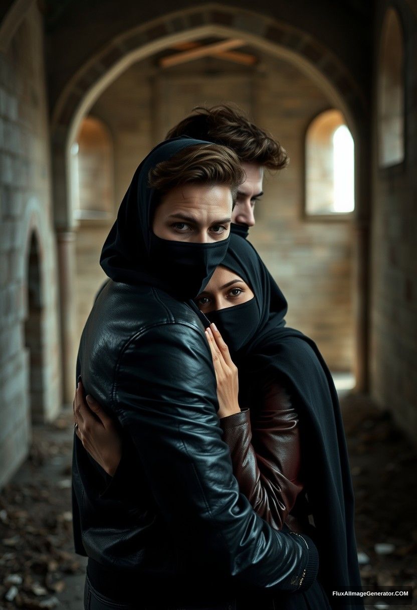 Jamie Dornan's head and body shot, handsome, face mask black, black leather jacket, dating, love hug with the biggest black hijab Muslim girl, not tall, beautiful eyes, face mask, maroon leather jacket, biggest black skirt, hyper realistic, studio photography, full body photo, explore at an abandoned castle, gloomy.