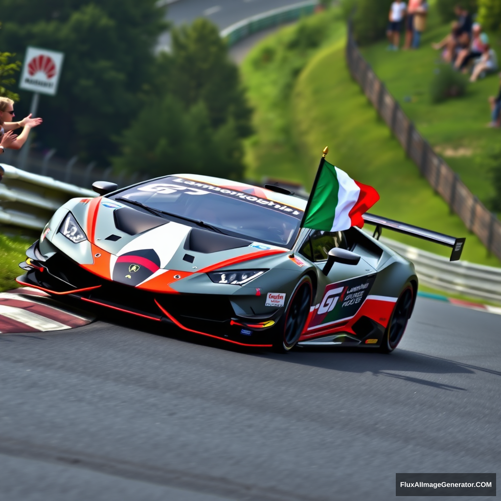 Create an image of a Lamborghini Super Trofeo race car with a sleek grey, red, and black livery, adorned with an Italian flag, speeding up the famous Eau Rouge corner at the Spa-Francorchamps circuit. The scene should capture the car's dynamic motion and power as it climbs the challenging incline. On the side of the track, a group of enthusiastic girls are cheering, adding energy and excitement to the atmosphere. The background should reflect the lush green surroundings and iconic features of the Spa-Francorchamps circuit, emphasizing the thrilling nature of the race. - Image