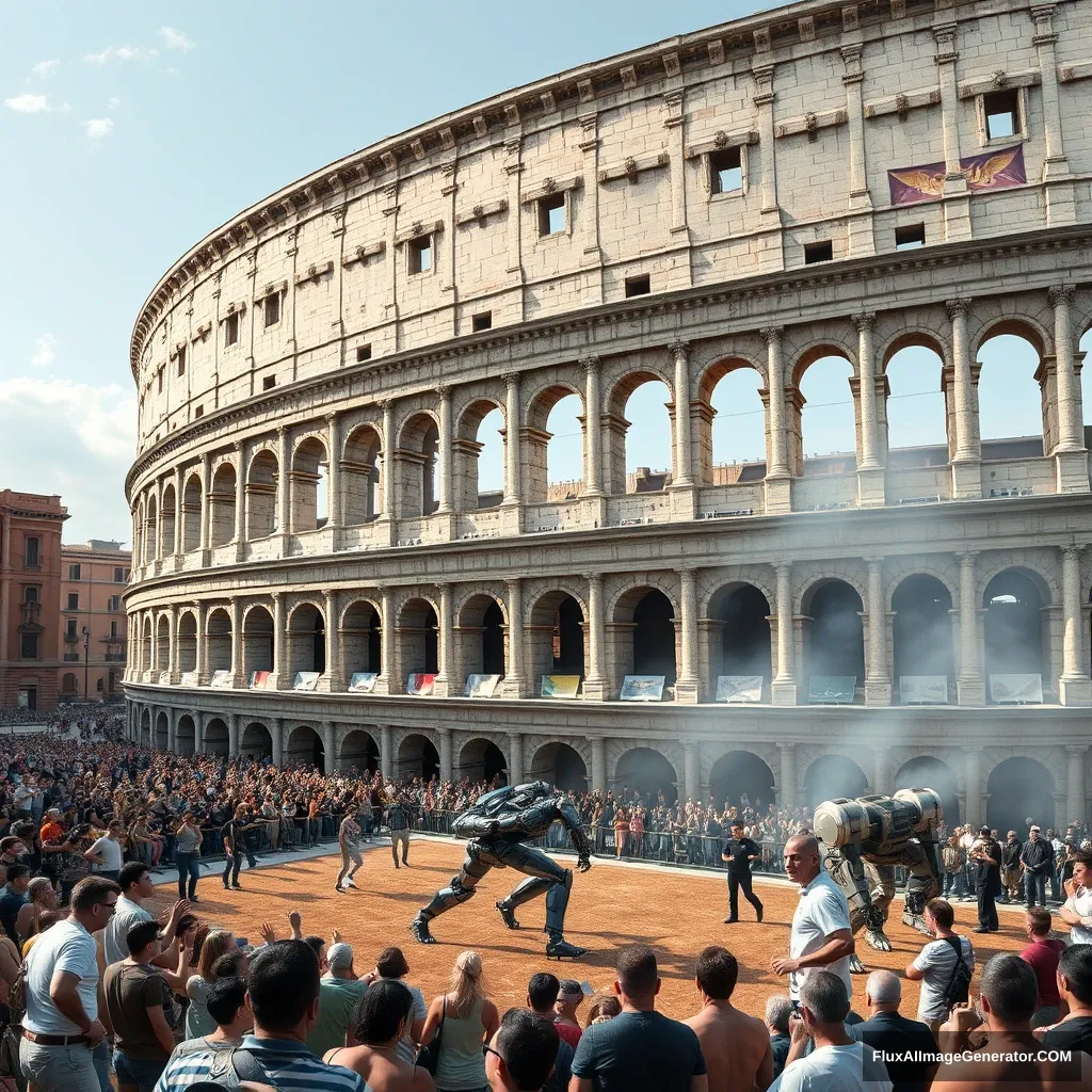 "A photorealistic image of the Colosseum half-restored, half-transformed into a high-tech arena for robot gladiators, with a diverse crowd from all eras watching."