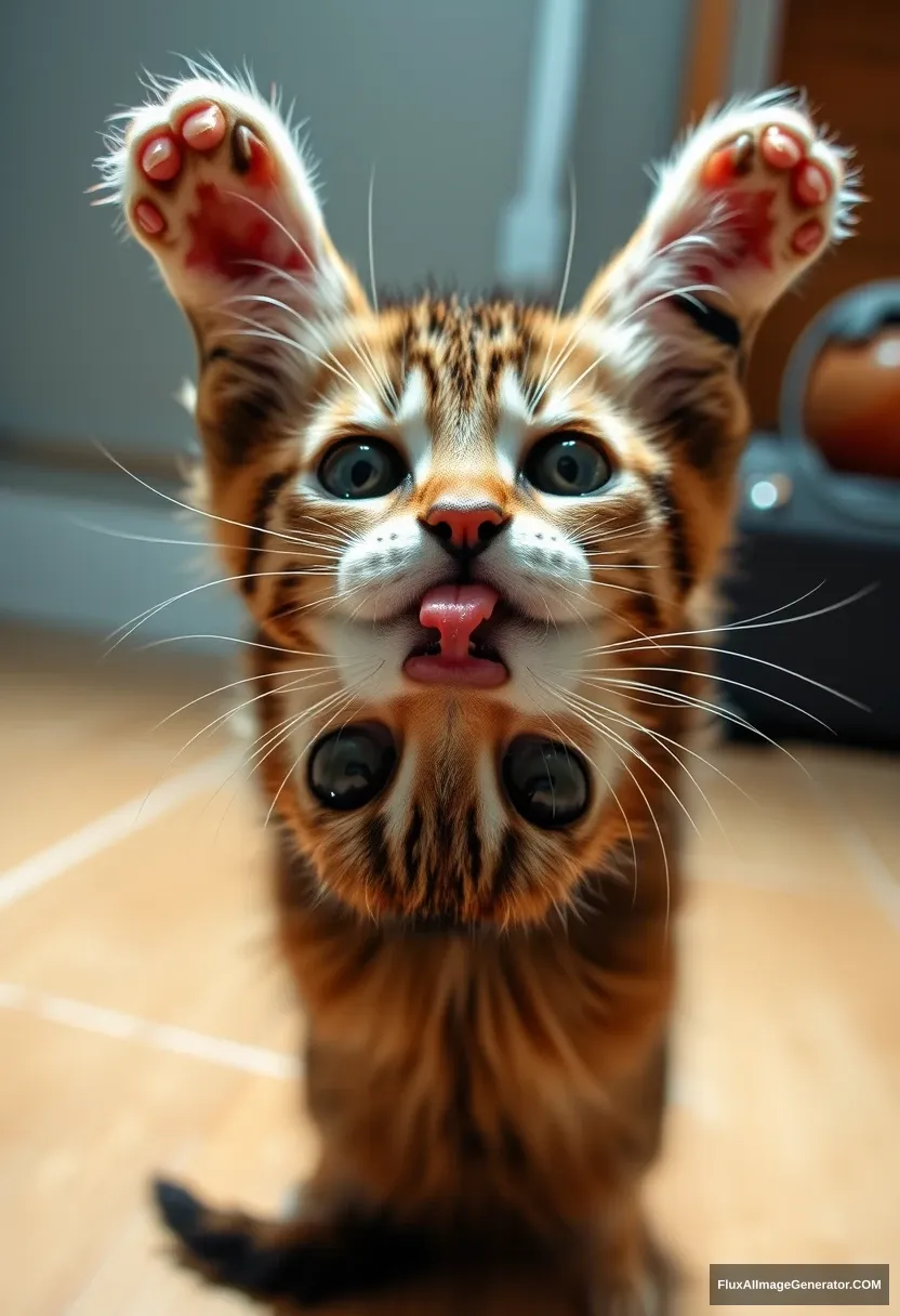 Kitten, flipped upside down, looking towards the camera, panoramic view, light tracing, global lighting effects, 2k.