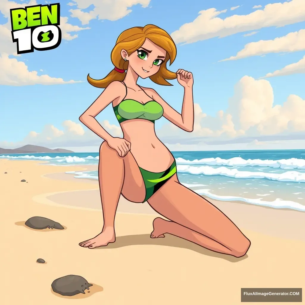 Create an illustration of a woman on the beach in the style of Ben 10, particularly inspired by Gwen Tennyson.