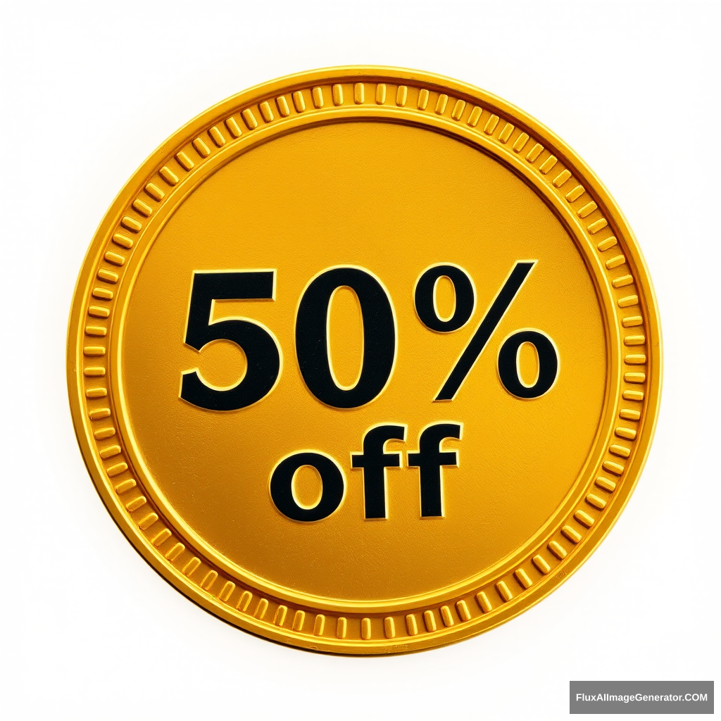 Write "50% off" inside a golden coin with an ornate border. Background is white. - Image