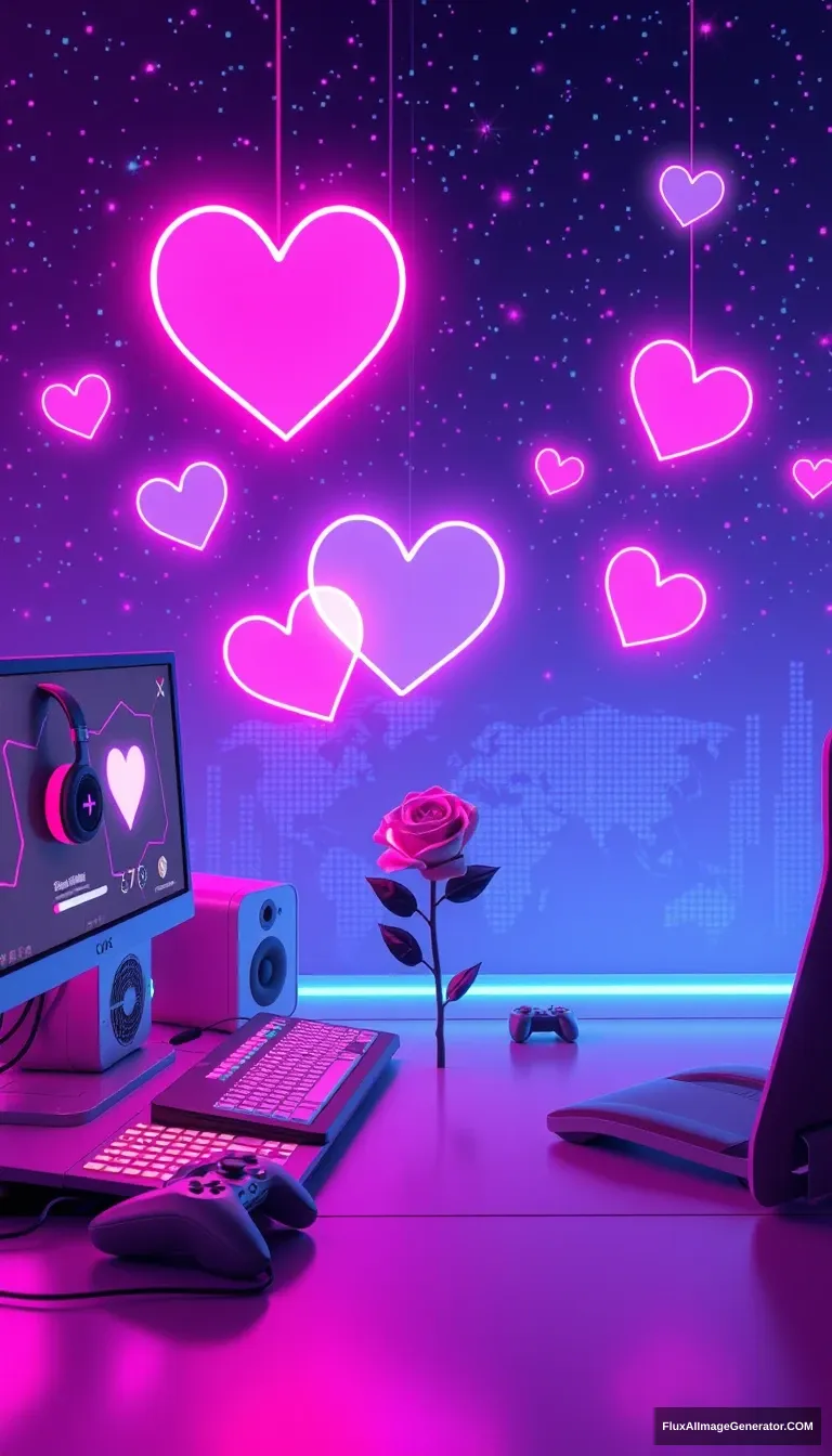 Create a 3D romantic wallpaper in a gaming-themed setting. The scene features a futuristic gaming setup with neon-lit consoles, glowing keyboards, and floating holographic hearts. The background is a night sky filled with pixelated stars, and the colors are a soft blend of pink, purple, and blue. Include subtle elements like game controllers, headsets, and a digital rose, all integrated into a cozy, ambient lighting environment. No characters are present, focusing solely on the atmosphere and details. - Image