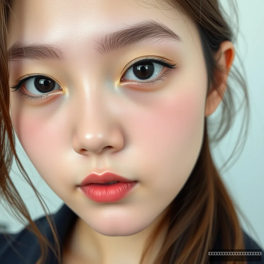 A photo of a K-pop girl with realistic skin featuring pores, not glossy. - Image