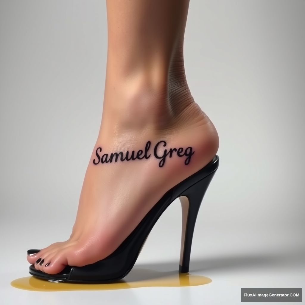 The name "Samuel Greg" on a woman's foot in a black high heel. There is oil all over the foot. - Image