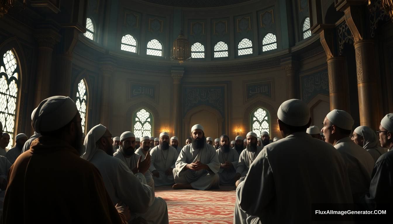 Prophet Muhammad (SAW) addressing his companions in a mosque, explaining the signs of Dajjal. The scene is filled with calm yet serious expressions, emphasizing the importance of the message. Ultra HD, realistic, respectful, with soft and cinematic lighting. - Image