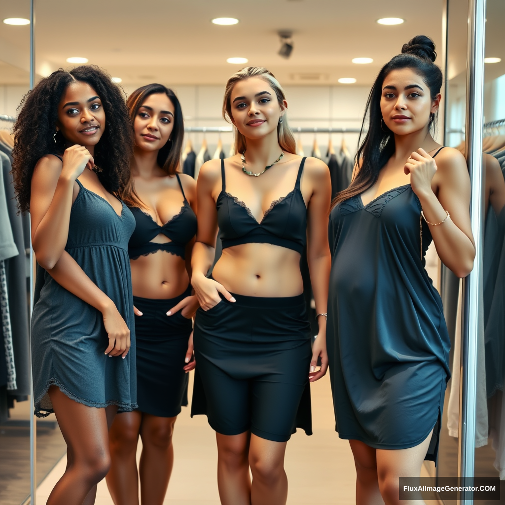 Three skinny, huge-breasted female college students, each from different ethnic backgrounds, trying on nightwear in a store.