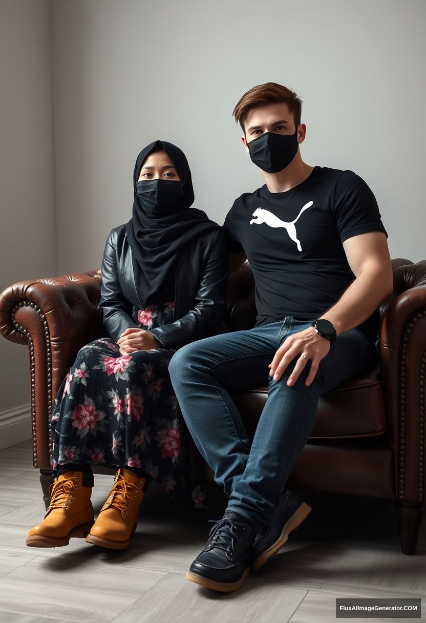 A biggest black hijab girl, slim girl, beautiful eyes, face mask black, black leather jacket, biggest floral long dress, timberland boots, sitting on a leather single wing sofa,

Jamie Dornan, youngest, wearing a black Puma t-shirt, jeans, black leather sneakers, tall man, face mask black, fit body, sitting near her,

hyper realistic, studio photography.