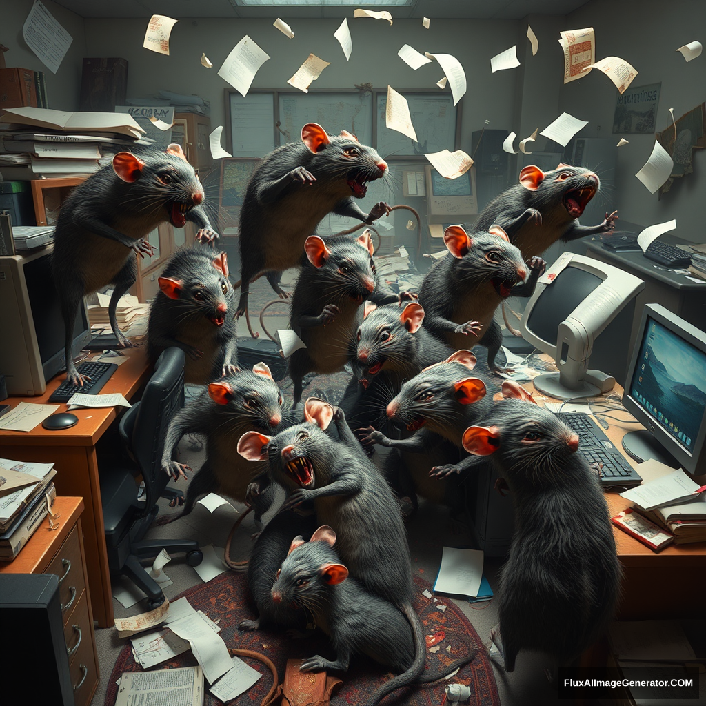 A chaotic office scene where several anthropomorphic rats, looking wild and savage, are engaged in a violent brawl amidst a cluttered workspace. The rats have disheveled fur, sharp teeth, and crazed expressions, with some leaping at each other, clawing and biting. Desks are overturned, computer screens are shattered, and papers are flying everywhere. Some rats are wrestling on the ground, while others are smashing keyboards and throwing office supplies at each other. The lighting is dim, and the atmosphere is tense and chaotic, with the scene capturing the raw intensity of the rat fight in a once-functional office space.