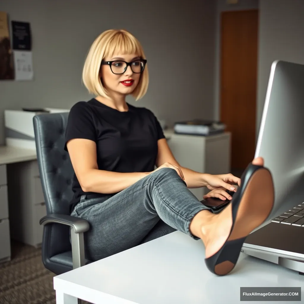 A woman with blonde bob hair, wearing black rimmed glasses and red lipstick, is in her 30s sitting at her desk in an office, working on her computer. She is dressed in skinny dark grey jeans and a black t-shirt. Her legs are resting on the table; one foot is in a black leather shoe, while the other foot is bare, allowing us to see her sole. - Image