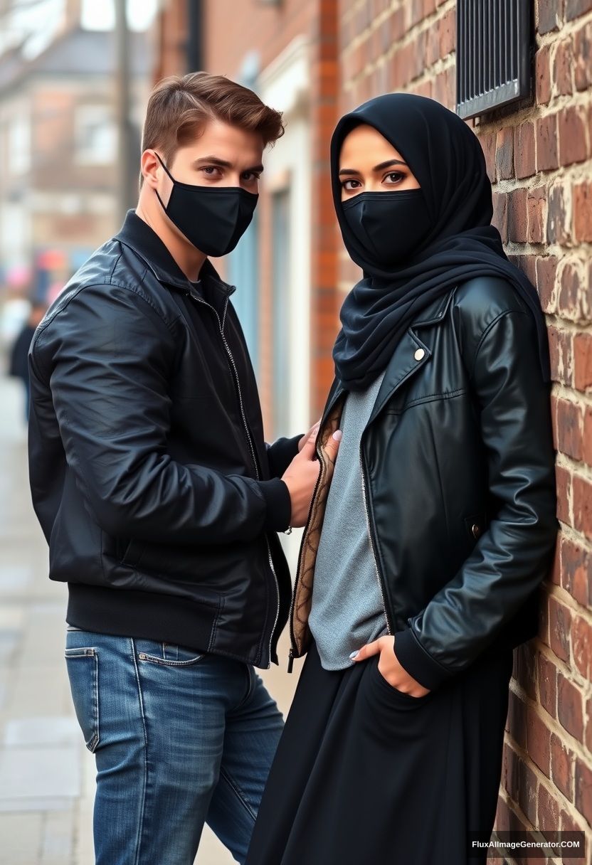 Jamie Dornan, handsome, young, black face mask, collage jacket, jeans, dating a beautiful Muslim girl in a big black hijab with beautiful eyes, wearing a black face mask, black leather jacket, and a large skirt, standing or lying by a brick wall in a town, morning scenery, photorealistic, street photography.