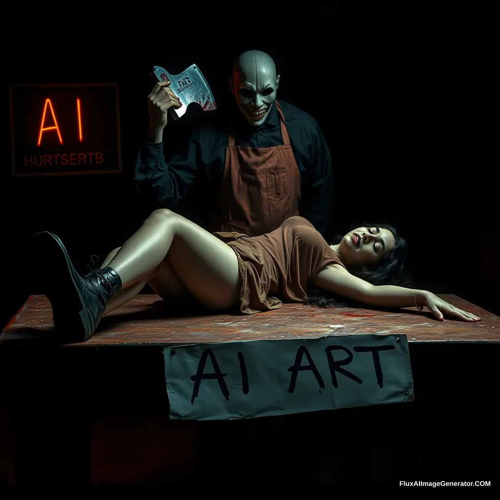 A woman lay on the butcher table, shoes, night, neo. The sign said: "AI ART," a horrible butcher with a mask standing behind in the dark with a bloody axe in hand. - Image