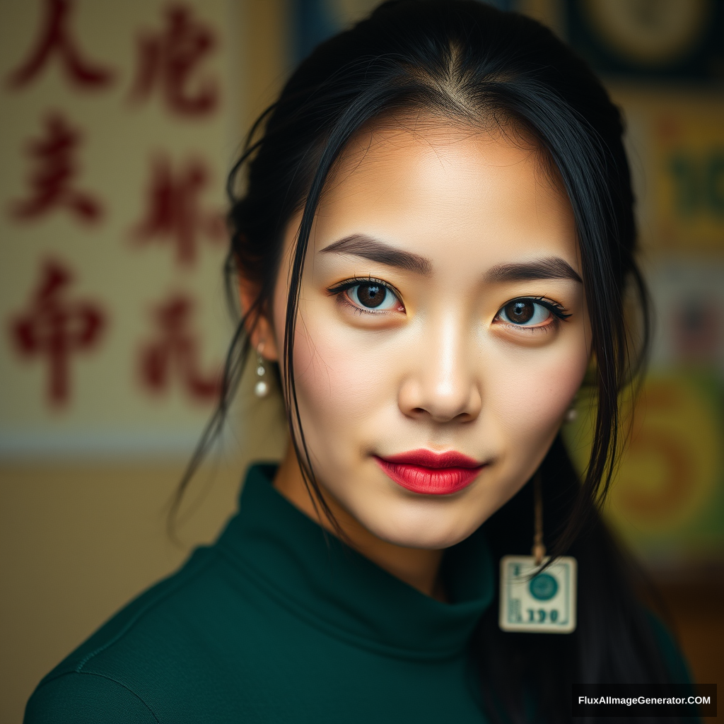 Chinese woman, black hair, ponytail, eyes full of US dollars. - Image