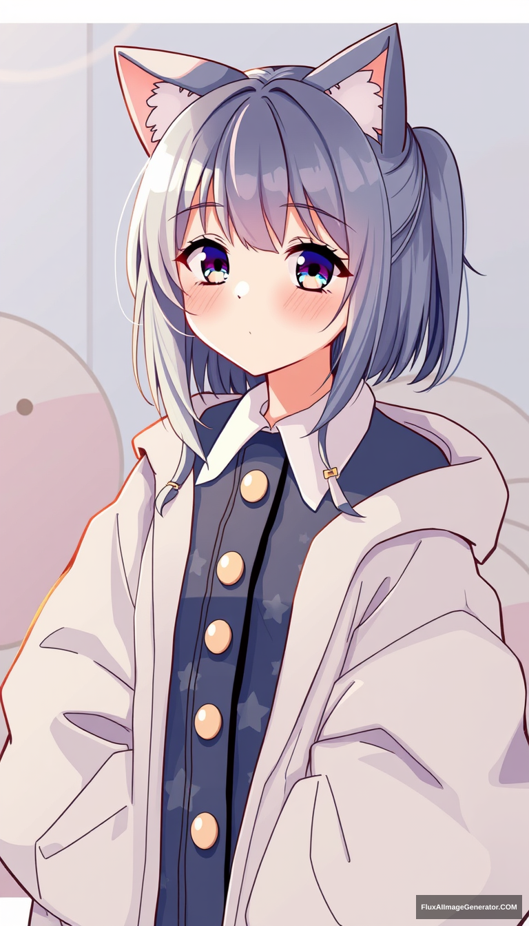 Kawaii anime girl cel shading and oversized clothes. Plushies. Cat-like girl. Cute button-up. - Image