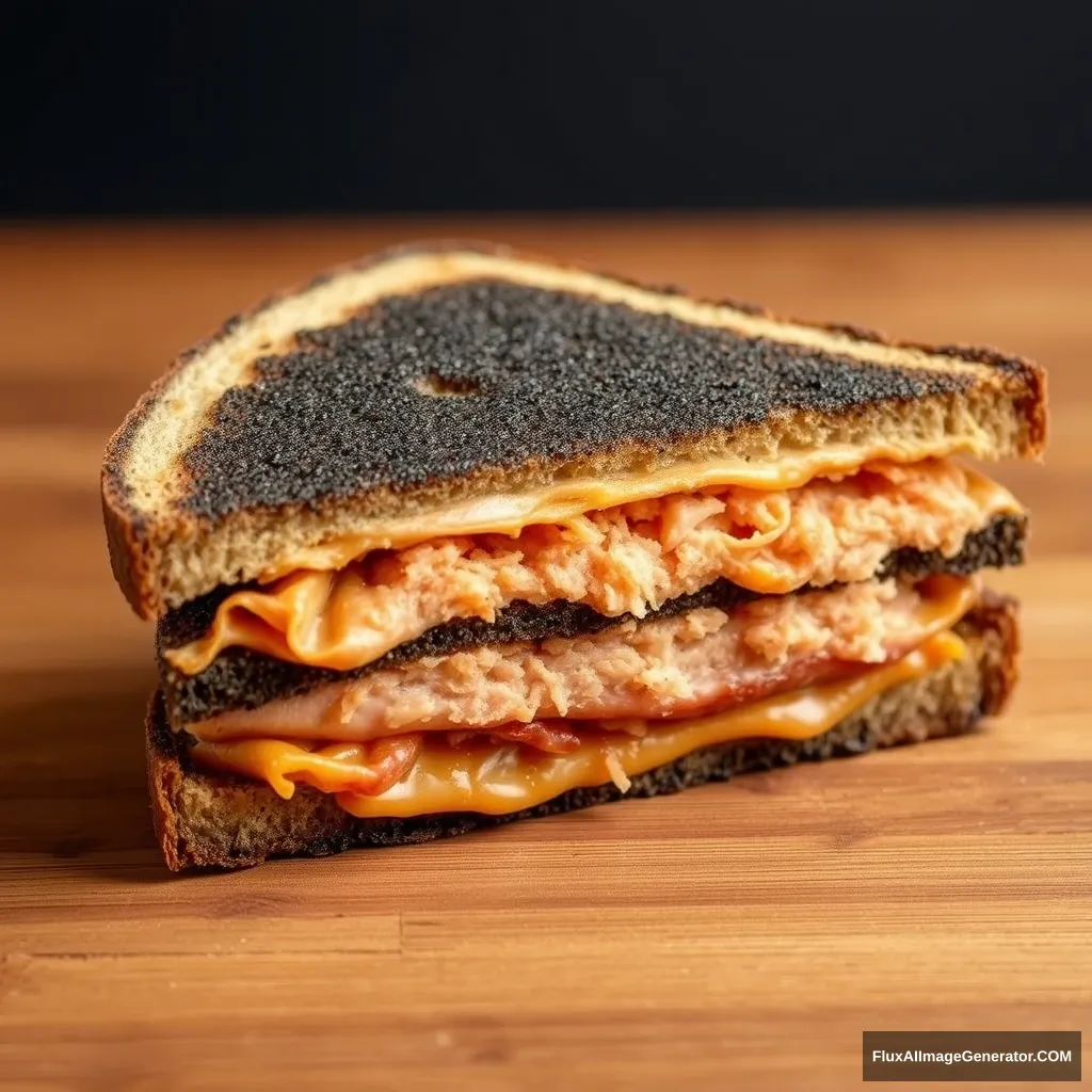 Black gold sandwich, triangular, right side view, three layers, corners are sharp, filled with pork floss.