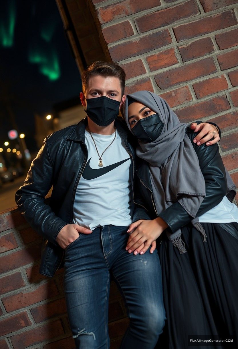 Jamie Dornan, tall and handsome, wearing a black face mask, a white Nike t-shirt, and jeans, is dating a beautiful Muslim girl in a grey hijab with lovely eyes, also wearing a black face mask and a leather jacket, with the longest and biggest skirt, who is not tall. They are laying against a brick wall in town, in a photorealistic street photography scene, featuring full photography and selfie photos, set against a night backdrop with auroras.