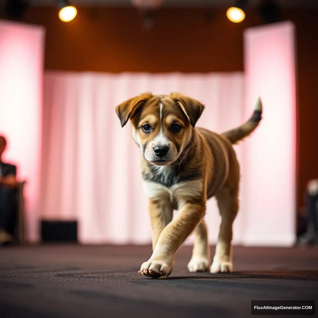 "The puppy model is walking on the stage."