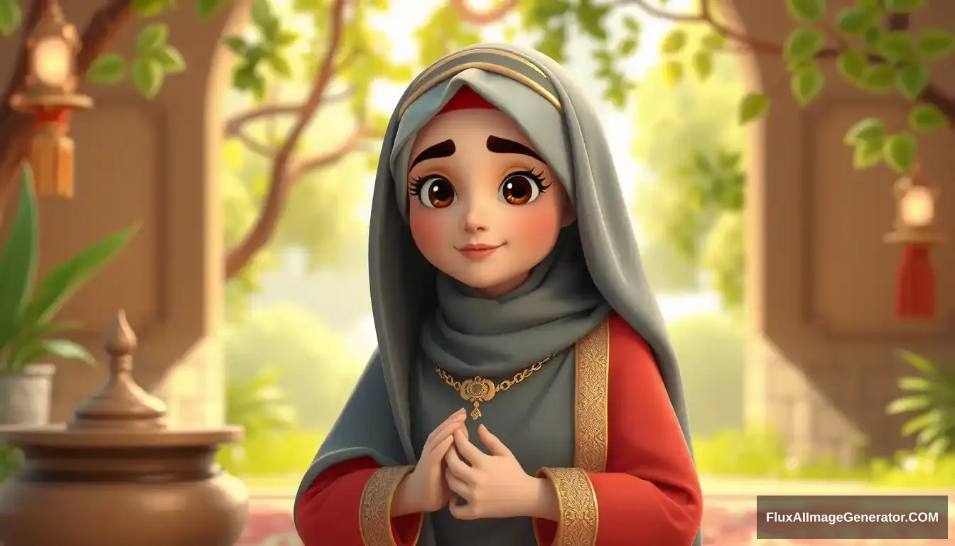 A pious woman named Maryam bint Imran. Maryam is a woman who is very devout in worship and always maintains her purity. She comes from a highly respected family, and since childhood, she was raised in an environment filled with worship and obedience to Allah, creating 3D animated cartoon images.