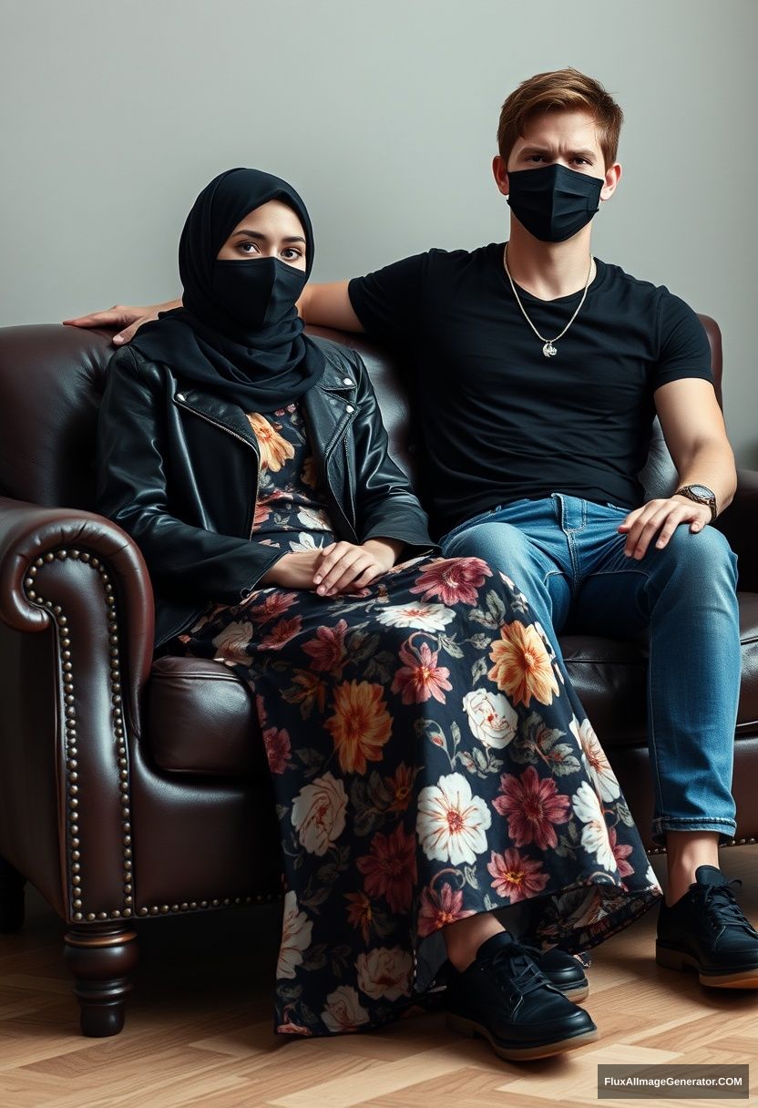 A black hijab girl, slim girl, beautiful eyes, black face mask, black leather jacket, the largest floral long dress, black leather sneakers, sitting on a leather single wing sofa, Jamie Dornan, youngest, silver necklace, black T-shirt, jeans, black leather sneakers, tall man, black face mask, fit body, sitting near her, hyper-realistic, studio photography.