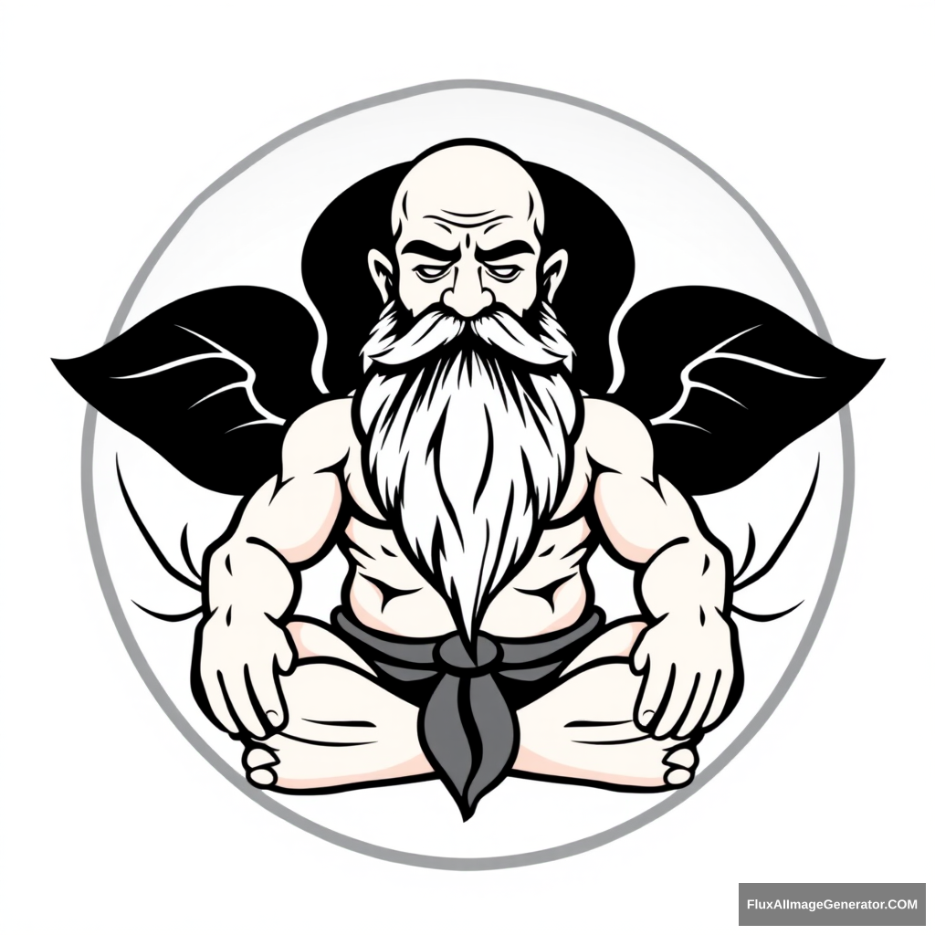 Yoga Center logo: a muscular large bald dwarf in the lotus position with a long beard. - Image