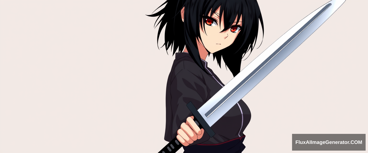 Anime style is important. Seinen style anime. Should look like an assassin with a gradient background. Holding one sharp sword. Black hair, red eyes. And should be a full body drawing. Should include legs. Hold sword straight on. Girl. Single side sword. Correct hand anatomy. - Image