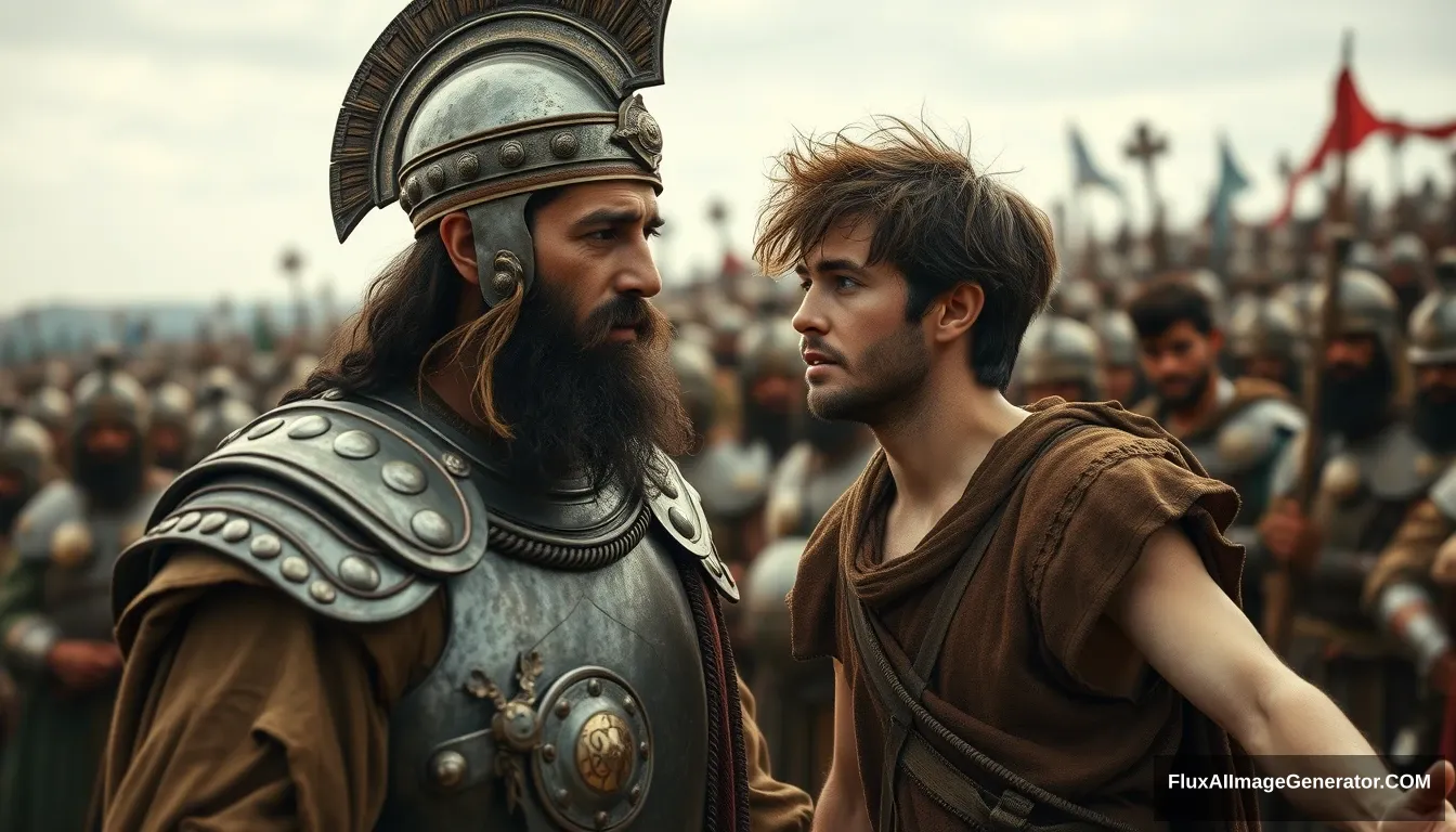 Create an image of two men arguing while onlookers crowd around. The man on the right is a young man with messy, unkempt hair and a short beard, wearing just a simple biblical-era shepherd’s tunic. He has a serious expression and is looking intently at the left eye of the man he is arguing with, his arms stretched out to the sides and a serious expression on his face. The king has a black beard and is wearing a full suit of Bronze Age Mesopotamian armor with laminated strips of bronze and a conical helmet with a pointed tip. The background shows a blurred crowd of soldiers also wearing armor similar to the king. Standing on the horizon further in the background is a blurred front of a large biblical-era army. The overall mood of the image is one of anxiety and concern.