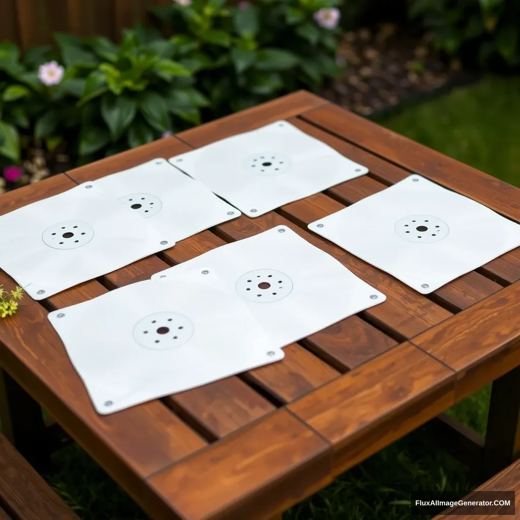 Five white square disc covers on a wooden garden table. - Image