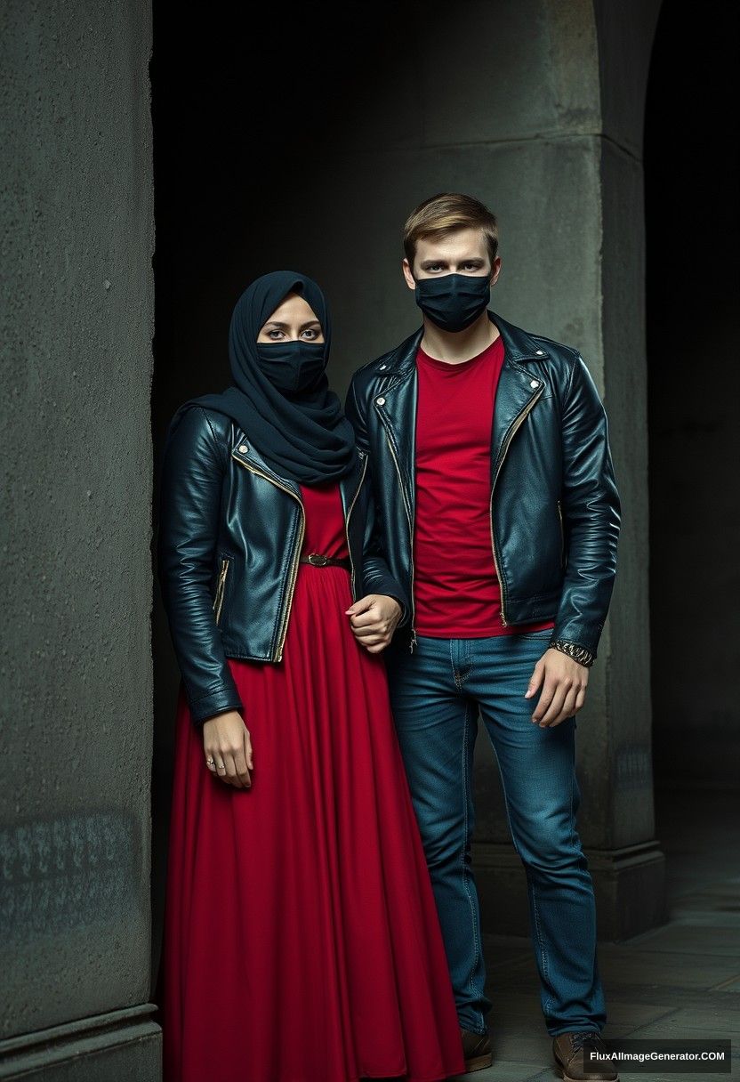 A biggest black hijab girl, beautiful eyes, face mask black, black leather jacket, biggest red longest dress, untall,

Jamie Dornan, handsome, face mask black, fit and tough body, metal red t-shirt, black leather jacket, jeans, tall man,

standing near wall together,
Hyper realistic, photorealistic, street photography, Victoria's abandoned castle, gloomy, darkness.