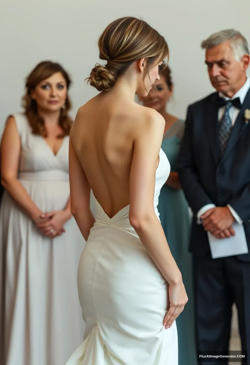 A short young woman, sensitive, delicate, backless strapless side-less low-waisted contouring wedding dress with a loose front and an undone rear. Mingling with fathers. Expectations. Perfect posture. Pale skin.