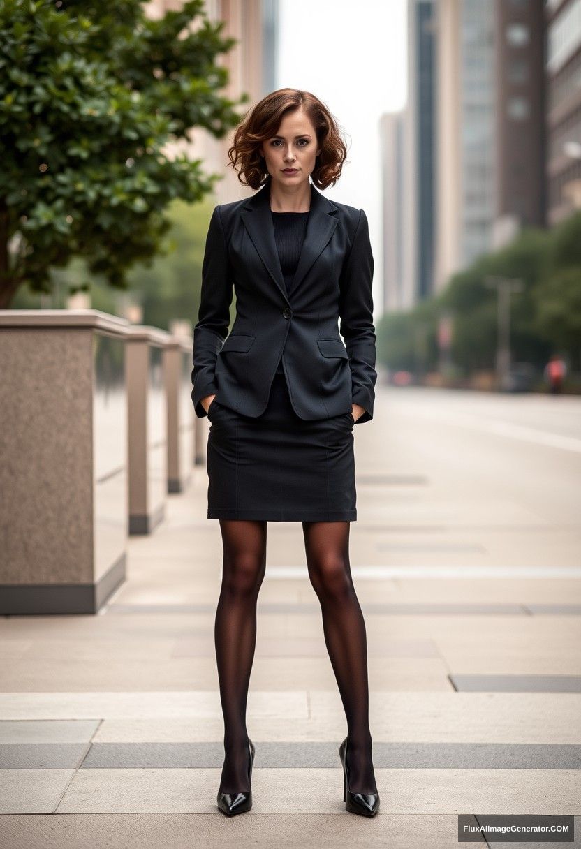 Ellen Page standing in a lawyer outfit in the character environment, curly short hair, blazer, pantyhose, stiletto pumps.