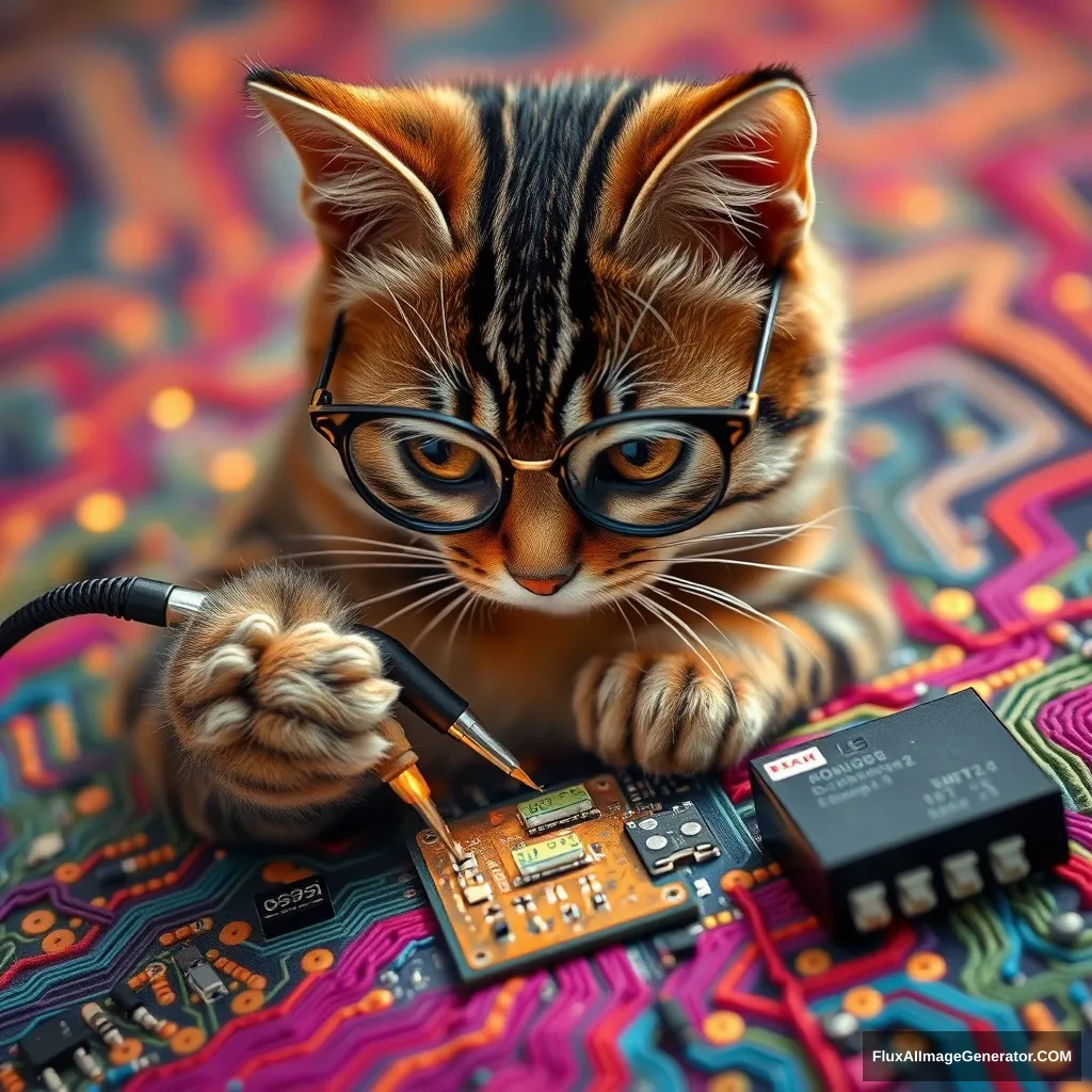 A mischievous tabby cat, wearing tiny spectacles, meticulously solders a circuit board with an iron. Vibrant threads weave intricate patterns, mimicking electronic pathways. Warm lighting. Delicate French knots form components. Style: Hyper-realistic embroidery art, blending traditional craftsmanship with modern technology.