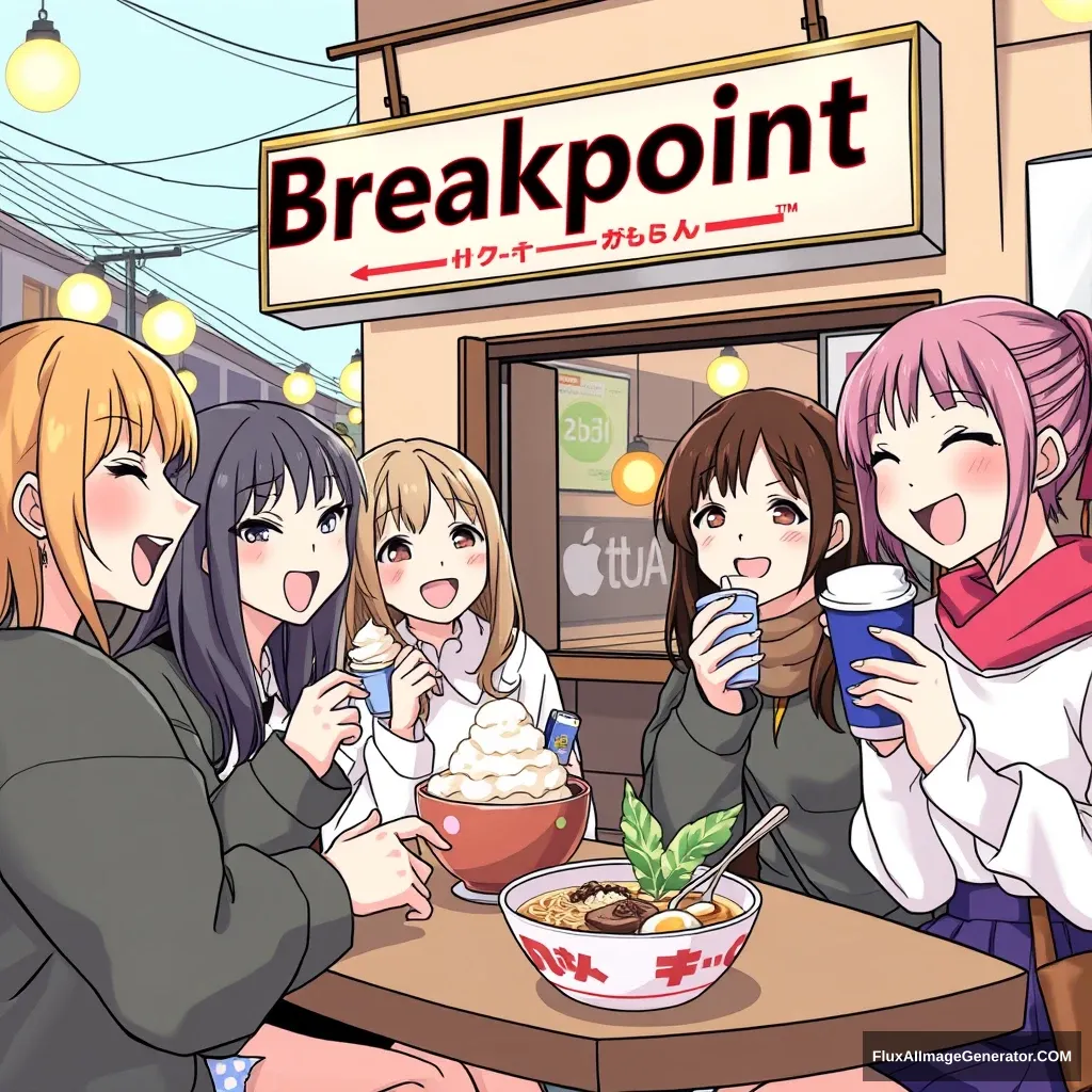 "Draw a scene of Japanese female students joyfully partying with friends at Breakpoint cafe in front of the sign, enjoying bingsu, Japanese ramen, and coffee."