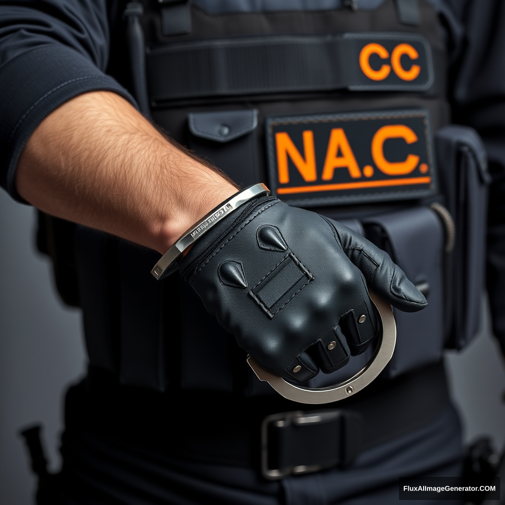 A soldier in black gear with a black and orange inscription N.A.C. on his vest is wearing steel handcuffs, a shot of his hands in gloves and handcuffs in front of him.