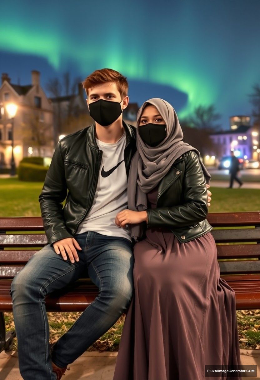 Jamie Dornan, tall, young, black face mask, white Nike T-shirt, jeans, 

dating romantically with a grey hijab-wearing Muslim girl, beautiful eyes, black face mask, leather jacket, very long and big skirt, not a tall girl, 

sitting together on a park bench in the town, photorealistic, street photography, selfie photos, night scenery, aurora borealis. - Image