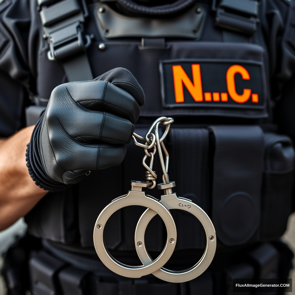 A soldier in black gear with a black and orange inscription N.A.C. on his vest is wearing steel handcuffs, a shot of his hands in gloves and handcuffs in front of him. - Image