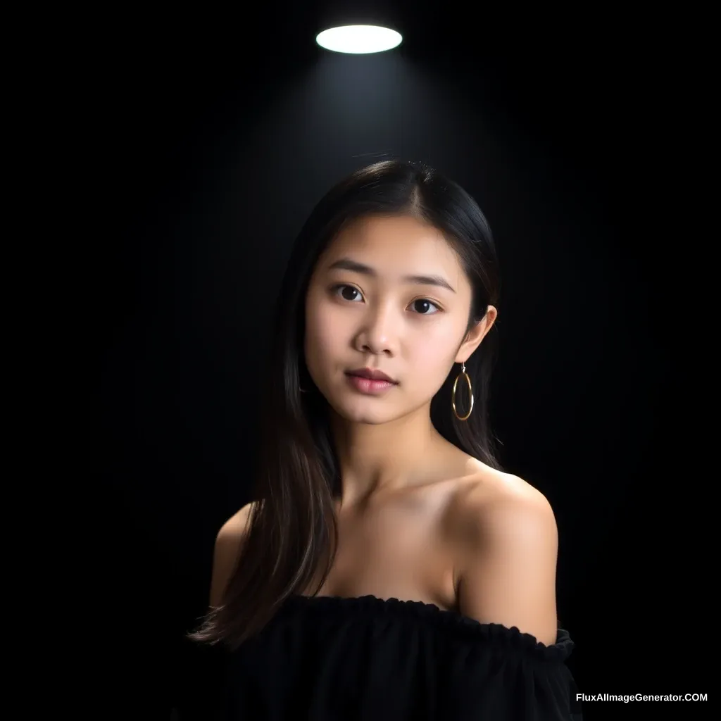 Background: Black background and a beam of light overhead, soft lighting. Light focused on the girl's face, a 21-year-old girl looked at me, Asian face. The girl was wearing an off-shoulder top.