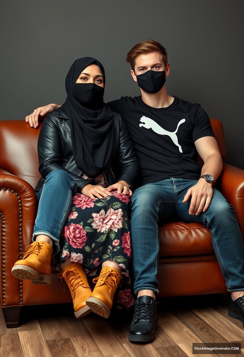 A largest black hijab girl, slim girl, beautiful eyes, black face mask, black leather jacket, largest floral long dress, Timberland boots, sitting on a leather single wing sofa. 

Jamie Dornan, youngest, wearing a black Puma t-shirt, jeans, black leather sneakers, tall man, black face mask, fit body, sitting near her.

Hyper-realistic, studio photography. - Image