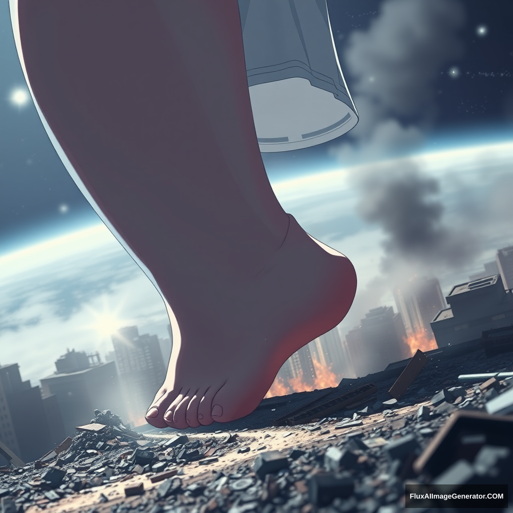 An image taken by a satellite of a gigantic, growing, anime woman, massive upper body, stomping her foot on a crushed city. pixel art style, barefoot, depth of field bokeh, destruction, smoke, debris, motion blur, water droplets, fog. - Image