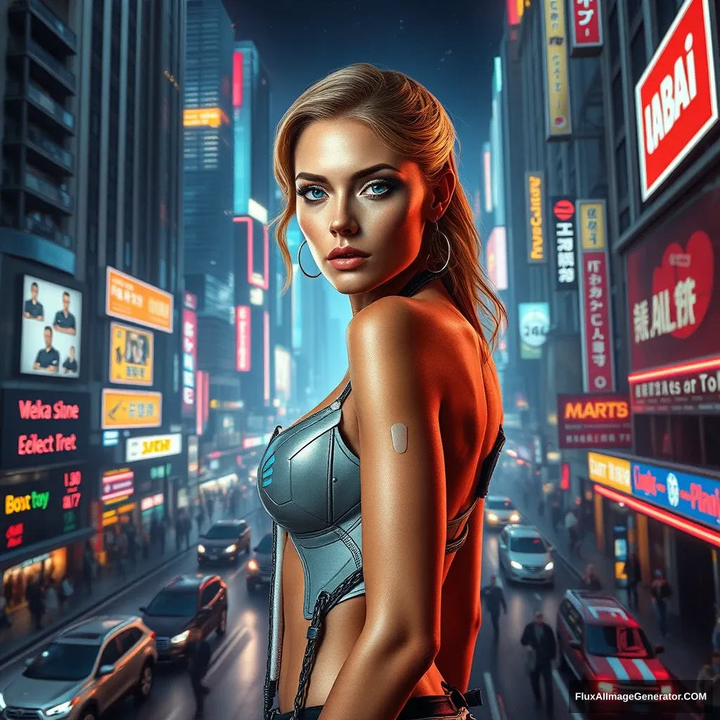 A beautiful and elegant woman, her cybernetic enhancements perfectly blend with her athletic physique, but her humanity shines through in the steadfastness of her gaze. The story takes place in a sprawling metropolis on a future planet, along a towering, neon-lit mega street, swirling with vehicles and bustling crowds.